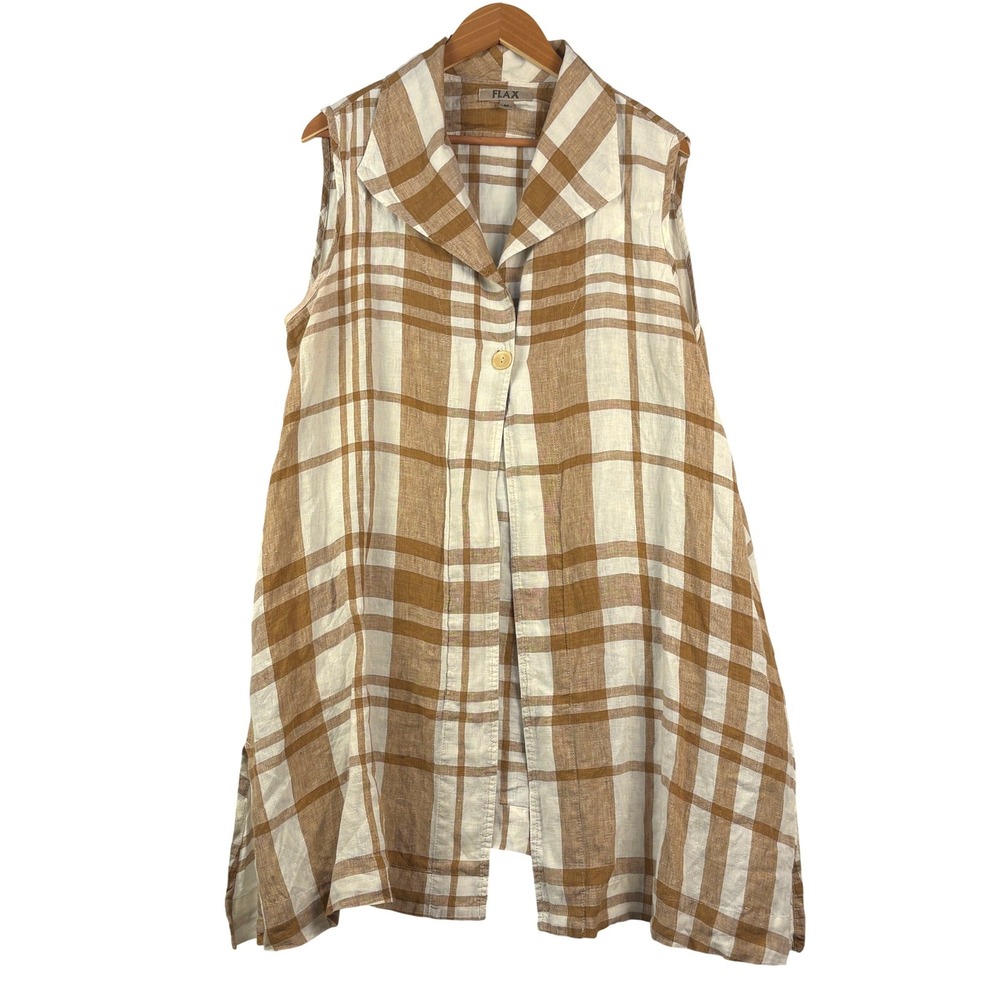 Flax Oversized Plaid Linen Sleeveless Tunic Vest Top M Lagenlook Coastal Earthy